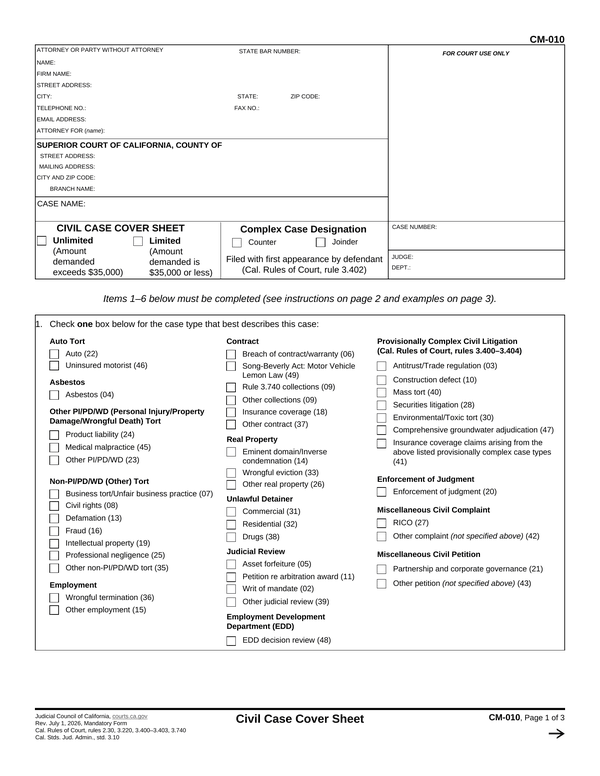 Preview of the official Form CM-010 PDF, page 1