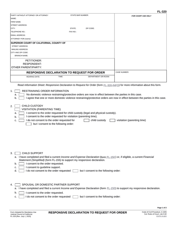 Preview of the official Form FL-320 PDF, page 1