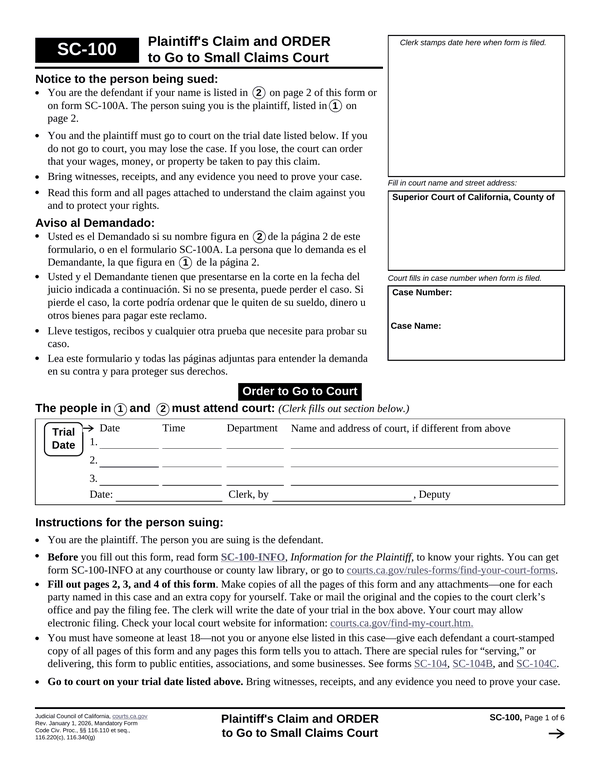 Preview of the official Form SC-100 PDF, page 1