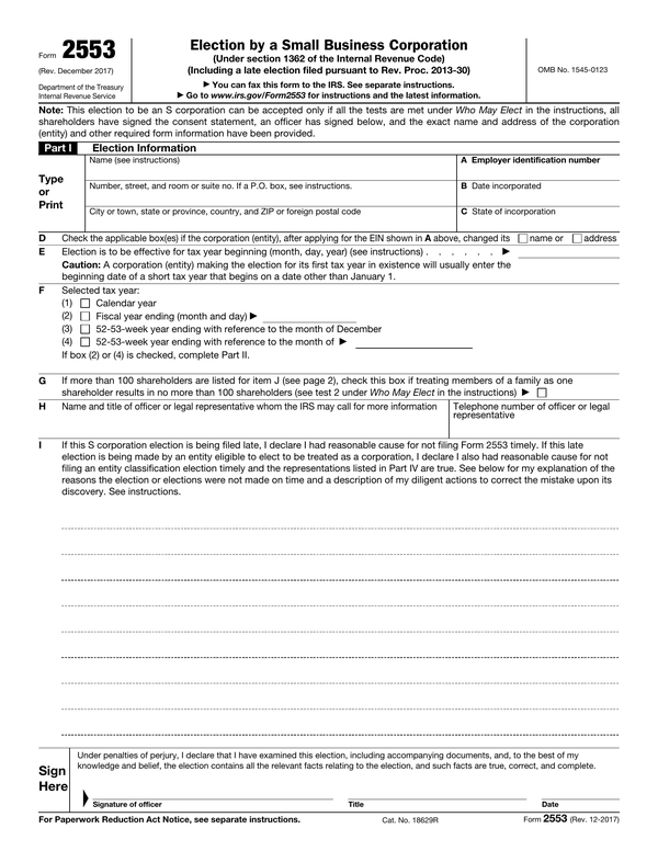 Preview of the official Form 2553 PDF, page 1