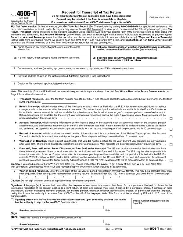 Preview of the official Form 4506-T PDF, page 1