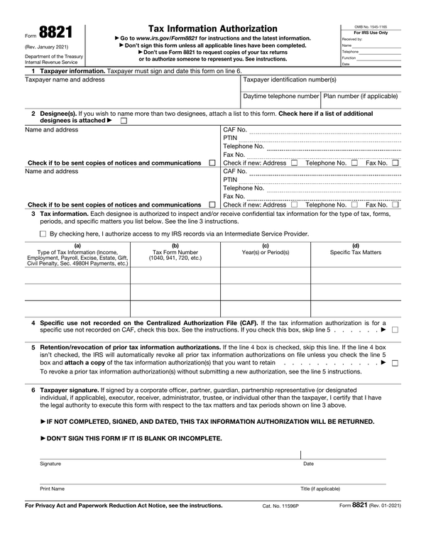 Preview of the official Form 8821 PDF, page 1