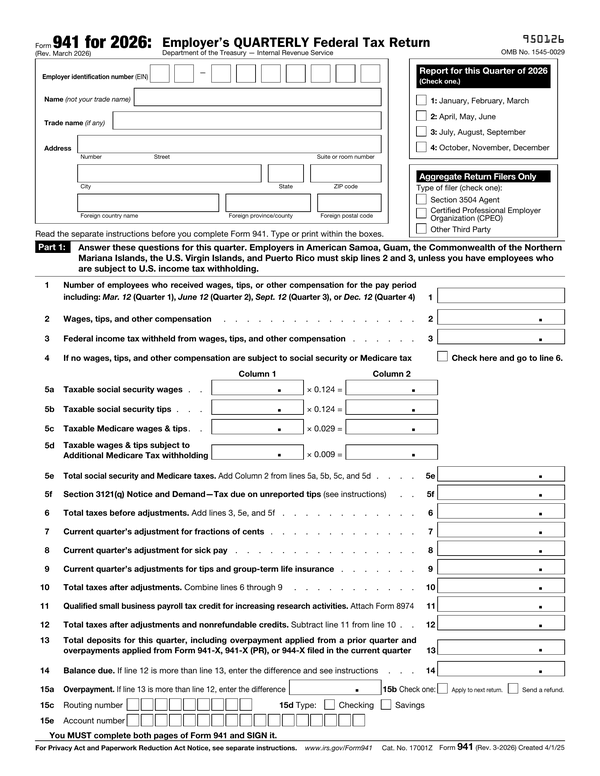 Preview of the official Form 941 PDF, page 1