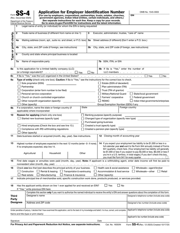 Preview of the official Form SS-4 PDF, page 1