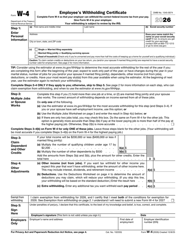 Preview of the official Form W-4 PDF, page 1