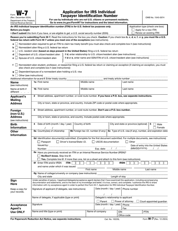 Preview of the official Form W-7 PDF, page 1