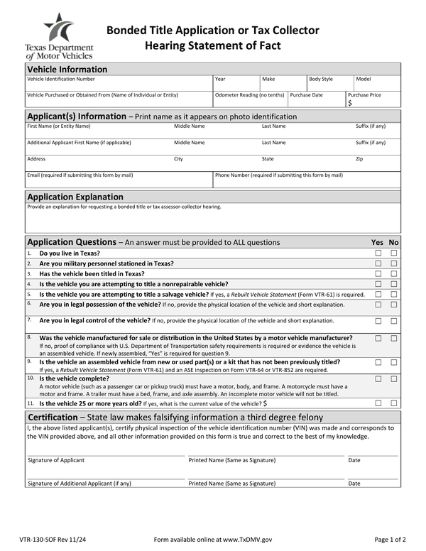 Preview of the official Form VTR-130-SOF PDF, page 1