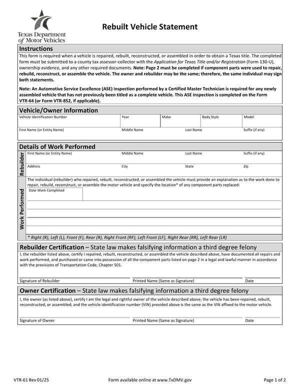 Preview of the official Form VTR-61 PDF, page 1
