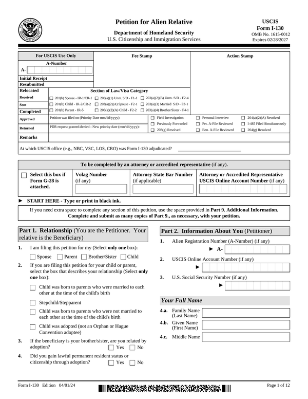 Preview of the official Form I-130 PDF, page 1