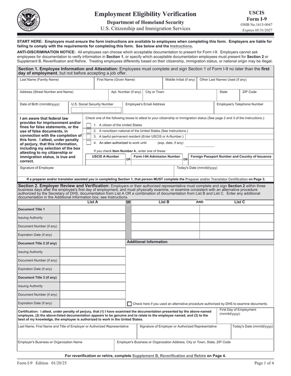 Preview of the official Form I-9 PDF, page 1