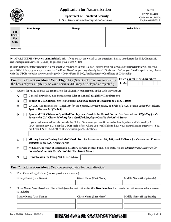 Preview of the official Form N-400 PDF, page 1